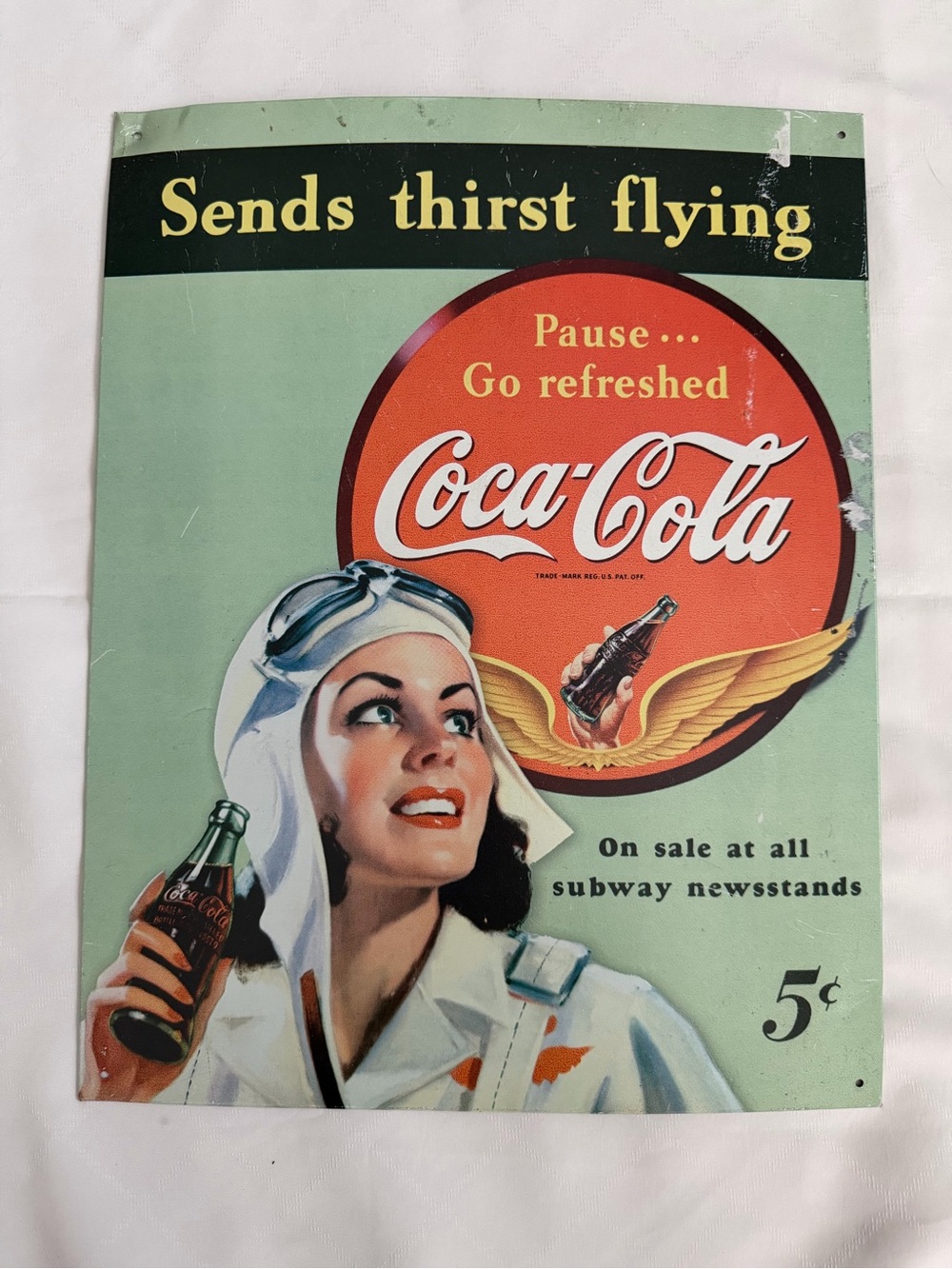 Coca Cola Tin Sign “Sends Thirst Flying” 16" x 12.5" Retro Theme Reproduction